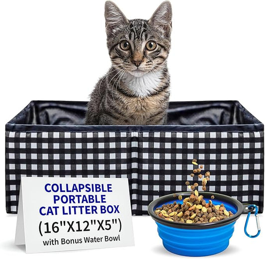 Pet Fit For Life - Vibrant Collapsible Travel Cat Litter Box - Portable, Foldable, Compact Design with Bonus Water Bowl - Ideal for Car & Camping - Reusable, Cats Safe - Black, (16"x12"x5")