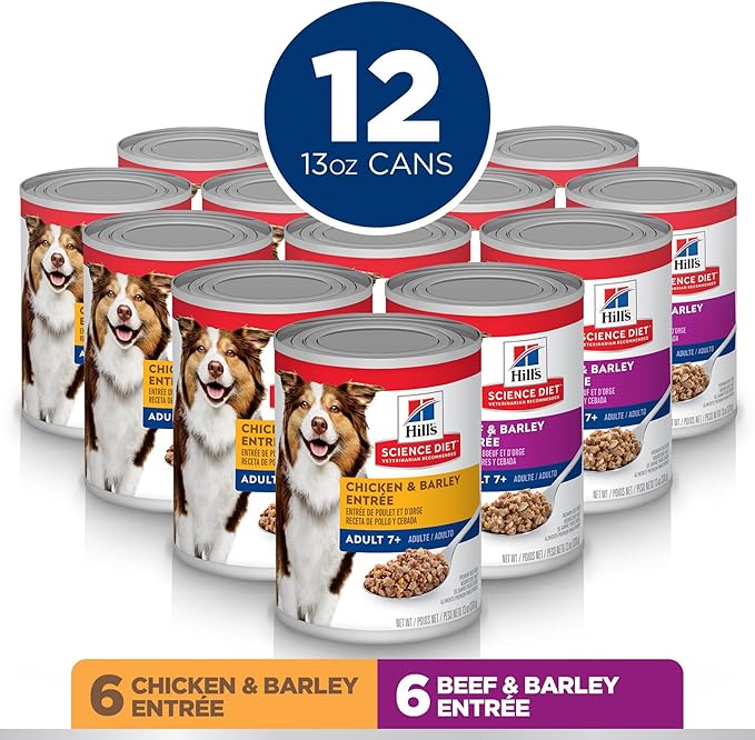 Hill's Science Diet Adult 7+, Senior Adult 7+ Premium Nutrition, Wet Dog Food, Variety Pack: Chicken & Barley; Beef & Barley Loaf, 13 oz Can Variety Pack, Case of 12