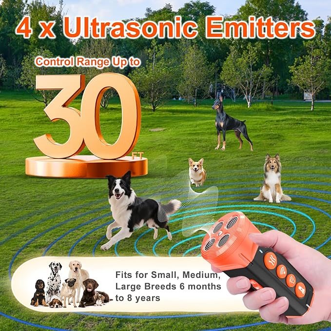 Anti Barking Device for Dogs, Dog Bark Deterrent Device, 4X Ultrasonic Barkshield for Dogs | 30 FT Range Safer Than Shock Collar for Dogs | Ultrasonic Dog Repeller Stops Bad Behavior