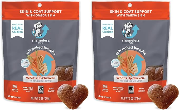 Shameless Pets Soft-Baked Dog Treats, What's Up Chicken - Natural & Healthy Dog Chews for Skin & Coat Support with Omega 3 & 6 - Grain, Corn & Soy Free - 2-Pack