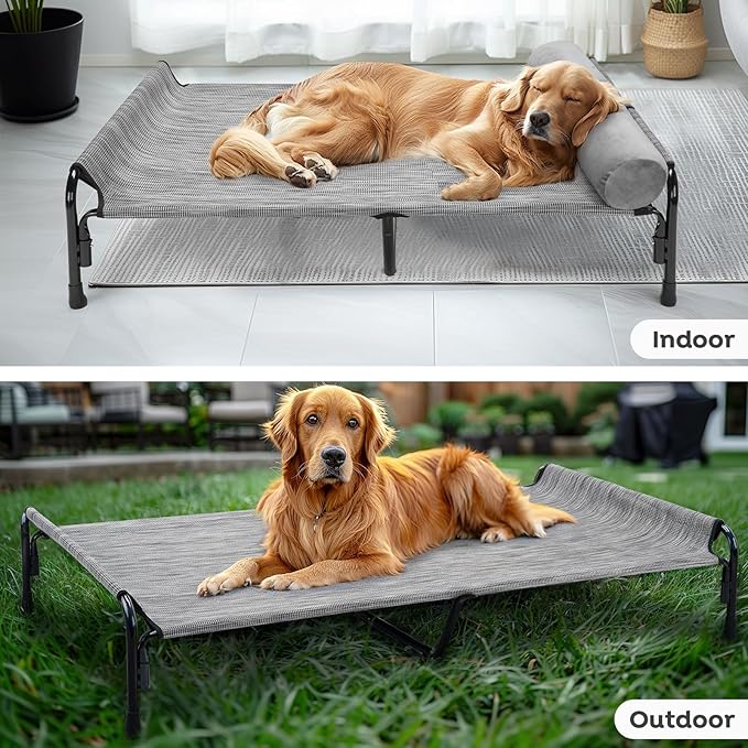 Veehoo Large Elevated Dog Bed, Outdoor Raised Dog Cot Hammock Bed with One-Sided Removable Headrest Bolster, Cooling Breathable Washable Teslin Mesh, Off Ground, Anti-Slip, XXL, CWC2204BCP