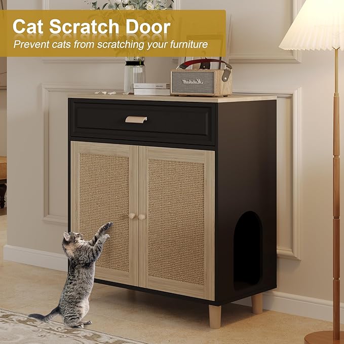 Cat Litter Box Enclosure Furniture Hidden Indoor 2-in-1 Wooden Cat House & Washroom Cabinet with Scratching Board Doors and Drawer, 31.5"x15.7"x34.6"H - Black