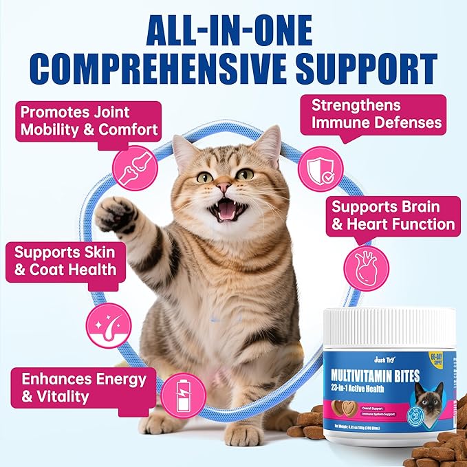 Just Try 23 in 1 Taurine for Cats Vitamins Bites - Cat Treats for Immune, Skin & Coat & Heart Health - Multivitamin, Omega 3, Biotin, Lysine for Cats - Daily Supplements 300 Bites