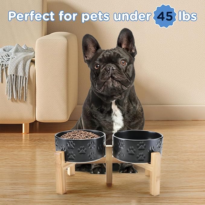 SPUNKYJUNKY Elevated Dog Bowls Ceramic, 6.1'' Dogs and Cat Food Water Bowls Raised with Non-Slip Bamboo Stand for Medium Sized Breed Microwave Dishwasher Safe - 28.7 OZ,Paw Black