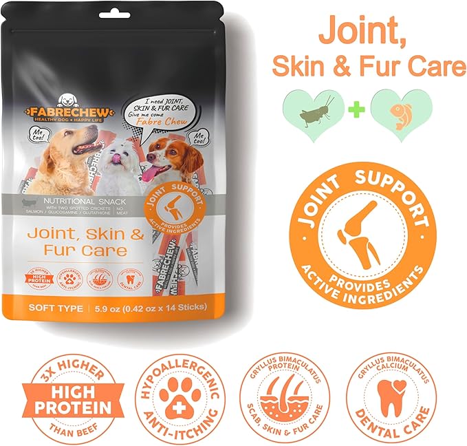 Orange Joint, Skin & Fur Care Cricket & Salmon Protein Dog Treats : High-Protein Dental Snacks, Hypoallergenic, Meat Free, Soft Type (14 Pcs)