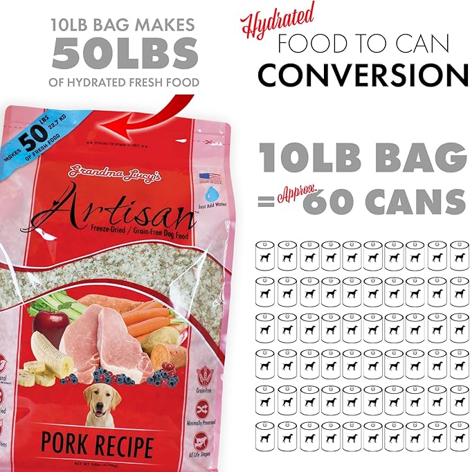 Grandma Lucy's Artisan Dog Food, Grain Free and Freeze-Dried - Artisan Pork, 3Lb Bag