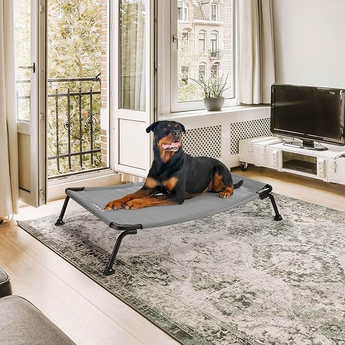 Veehoo Outdoor Elevated Dog Bed, Cooling Raised Dog Cot Bed XL, Portable Waterproof Curved Dogs Hammock Beds for Outside, up to 150lbs, Black Legs, Grey 49"