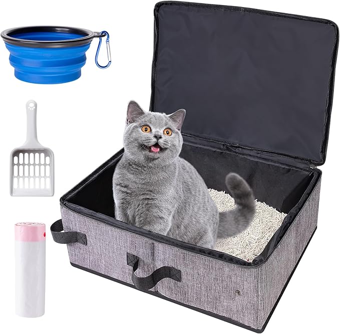 Travel Litter Box for Cats in Car with Lid and Cat Litter Scoop,Portable Cat Litters Case with a Bowl and 10 pcs Disposable Liner Bags,Leak-Proof and Collapsible