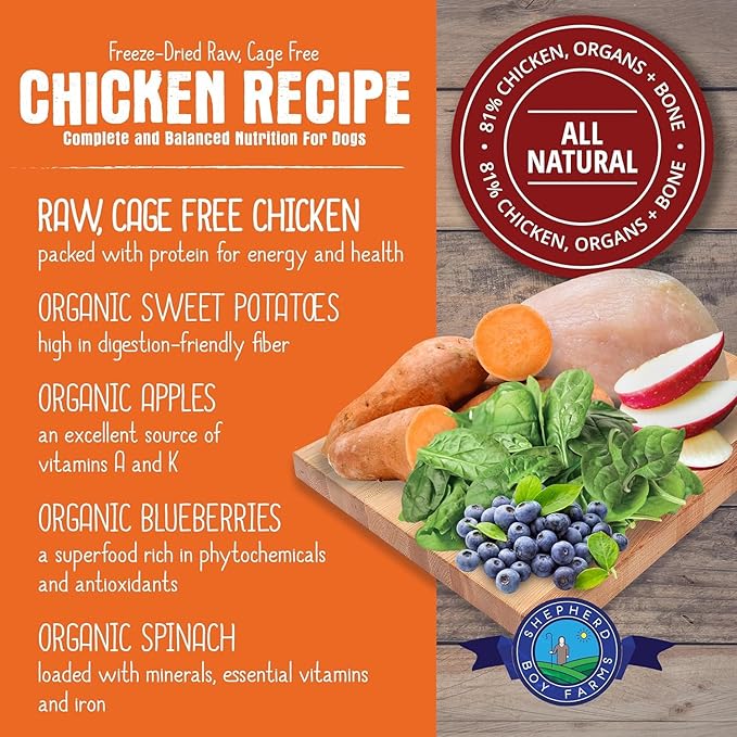Freeze Dried Raw Dog Food, Chicken Recipe, All Natural, No Synthetics, Made in USA with Goat's Milk & Organic Produce, High Protein, Complete Meal (48oz)
