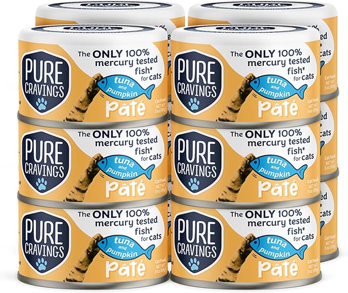 Pure Cravings Tuna and Pumpkin Pate, Canned Wet Cat Food, 100% Mercury-Tested, Moist Can Fish, Grain-Free Protein, Non-GMO, 12 Pack