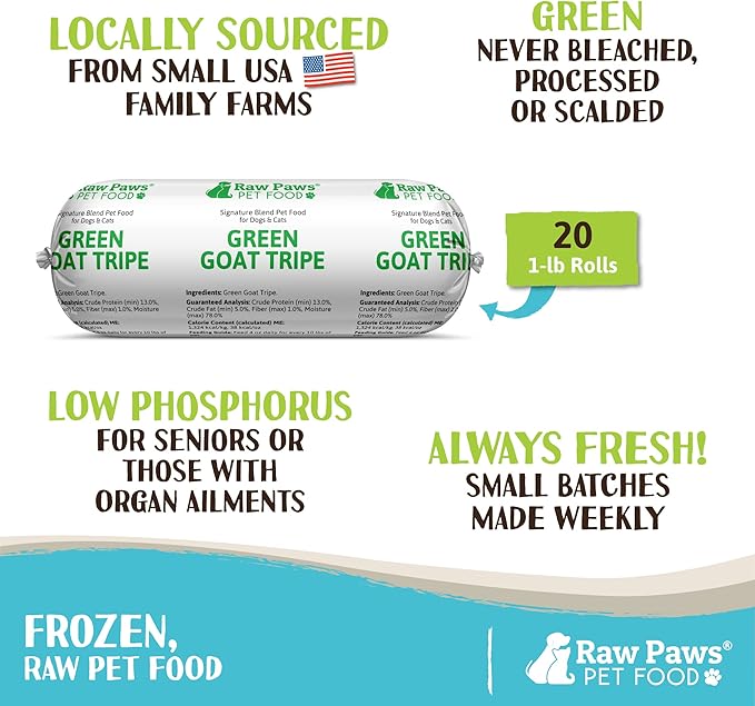 Raw Paws Signature Pet Food for Dogs & Cats - Green Goat Tripe, 1-lb Rolls (20 Pack) - Fresh Pet Food Made in USA - Natural Dog Food Rolls - Raw Frozen Dog Food – Green Goat Tripe for Dogs & Cats