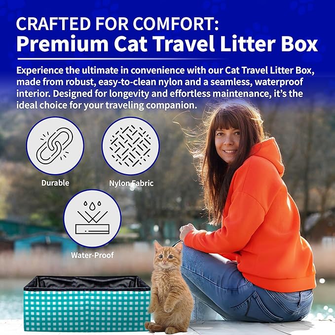 Pet Fit For Life - Vibrant Collapsible Travel Cat Litter Box - Portable, Foldable, Compact Design with Bonus Water Bowl - Ideal for Car & Camping - Reusable, Cats Safe - Teal, (16"x12"x5")