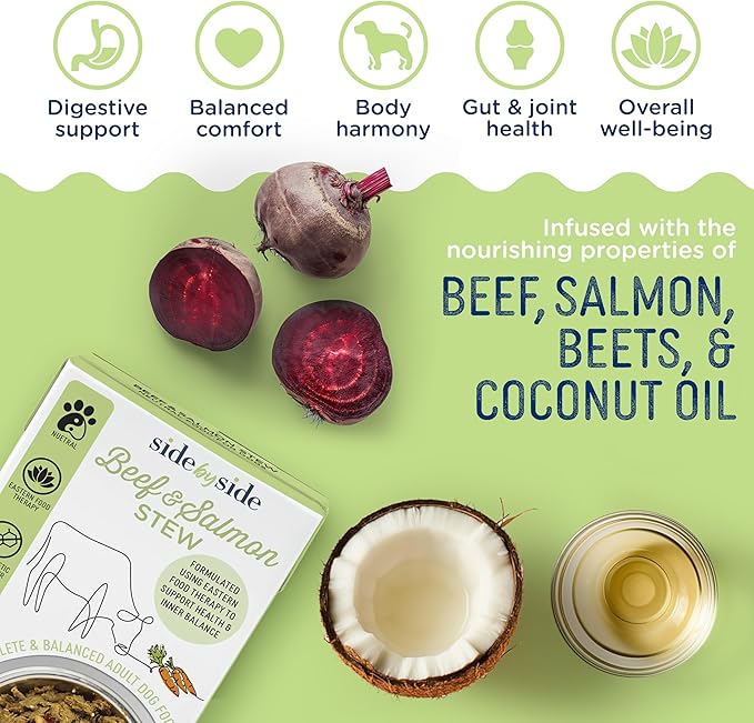 Side by Side Beef & Salmon Stew, Neutral Dog Food for All Breeds, Made of Whole Foods, Every Ingredient Has a Purpose, No Artificial Additives, Fillers, or Gums, Ready to Serve, 12.5 oz, 6 Pack