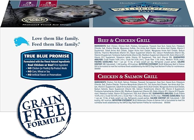 Blue Buffalo Wilderness High Protein Beef and Chicken & Salmon and Chicken Wet Dog Food Variety Pack for Adult Dogs, Grain-Free, 12.5 oz Cans (6 Pack)