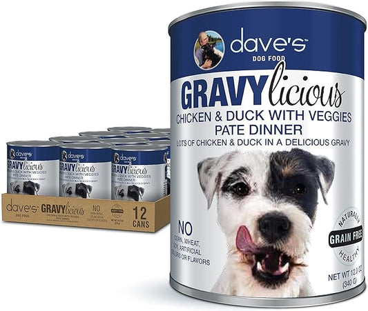 Dave's Pet Food Gravylicous Soft Wet Dog Food (Chicken & Duck with Veggies), Grain Free, Gluten Free, Small & Large Breeds, 12oz (12 Pack)