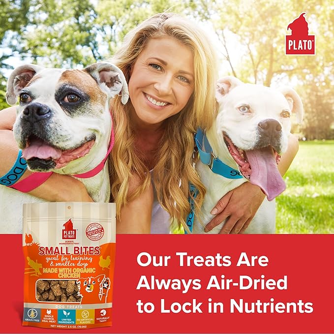 PLATO Small Bites Dog Treats, Natural Bite Sized Real Meat & Chicken Flavor, Grain Free & High in Protein, Air Dried Authentic Ingredients, 2 Calories Per Treat, Made in the USA, 2.5 Ounces