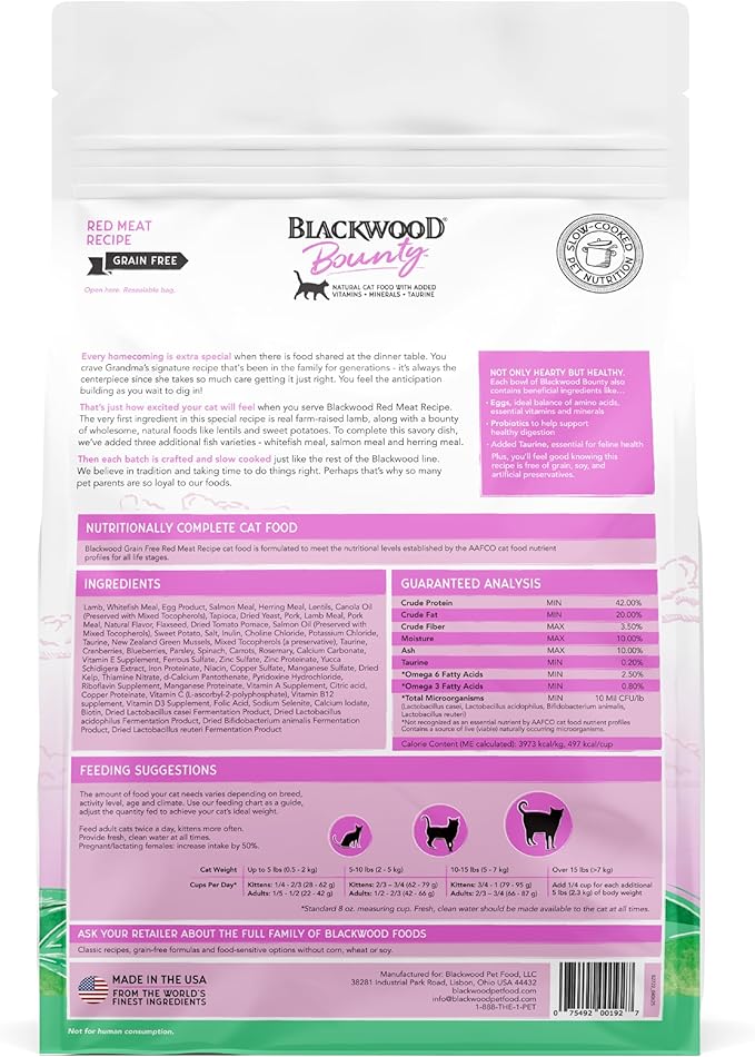 Blackwood Bounty Dry Cat Food, Red Meat Recipe for All Life Stages, 10 Pound Bag, High Protein, Grain Free