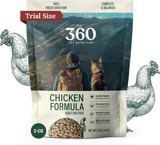 360 Pet Nutrition Freeze-Dried Raw Dog Food, High Protein, Balanced Meal, Chicken, Liver, Heart, Fruit, Veggies, Superfoods, No Fillers, 5 oz Food/Bites/Kibble Trial Size (Chicken) Made in USA