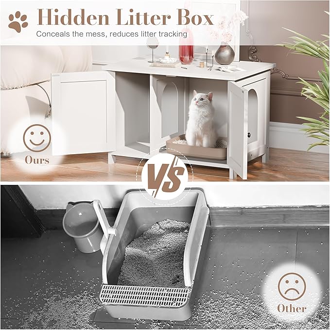 JY QAQA Cat Litter Box Enclosure,Litter Box Furniture Hidden with Barn Door,Wooden Cat Washroom Furniture,Cat House,Fit Most of Litter Box,White