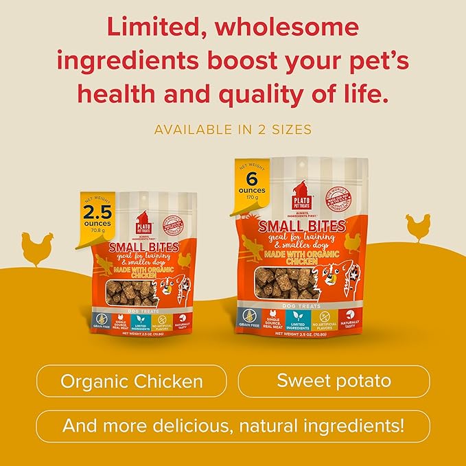PLATO Small Bites Dog Treats, Natural Bite Sized Real Meat & Chicken Flavor, Grain Free & High in Protein, Air Dried Authentic Ingredients, 2 Calories Per Treat, Made in the USA, 2.5 Ounces