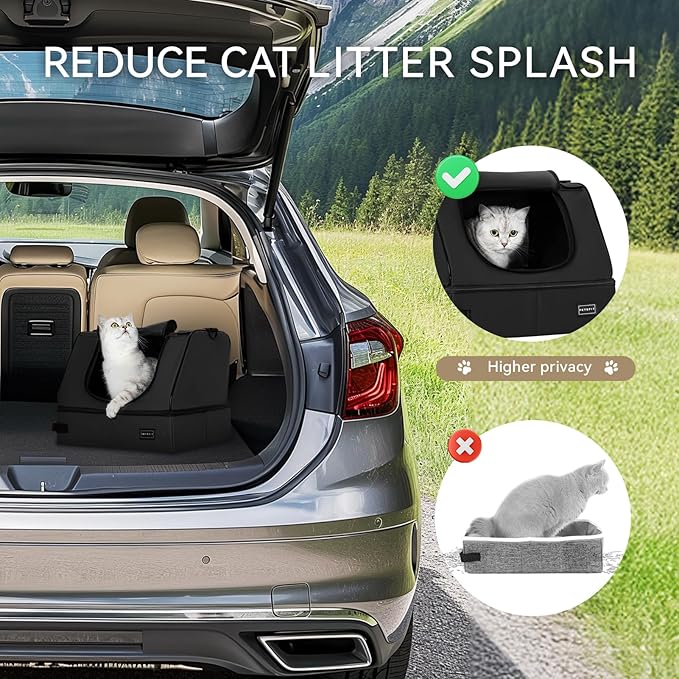 PETSFIT Portable Cat Litter Box - Removable 2-Layer Leak-Proof Lining, Scratch-Resistant Fabric with Sturdy Support Frame, Travel & Collapsible Cat Litter Box Black