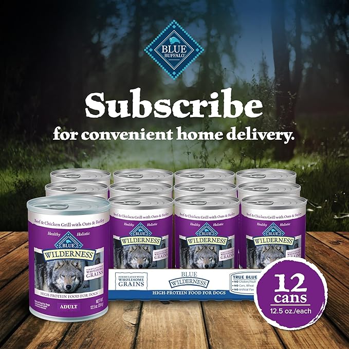 Blue Buffalo Wilderness Adult Wet Dog Food with Wholesome Grains, Made with Natural Ingredients, Beef & Chicken Grill, 12.5-oz. Can (12 Count)