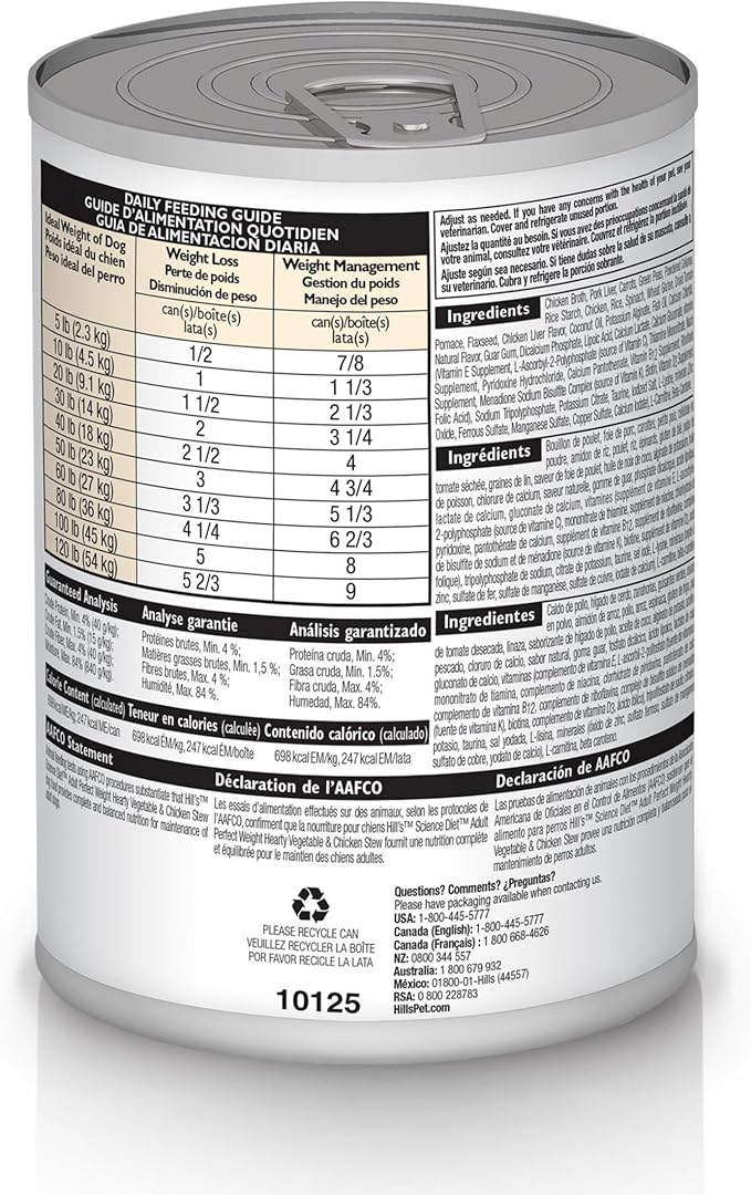 Hill's Science Diet Perfect Weight, Adult 1-6, Weight Management Support, Wet Dog Food, Chicken & Vegetables Stew, 12.5 oz Can, Case of 12