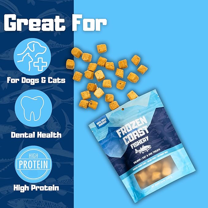 Frozen Coast Freeze-Dried Wild-Caught Salmon Cat & Dog Treats-High-Protein, Omega-3, Grain-Free (2.5 oz-Bag)