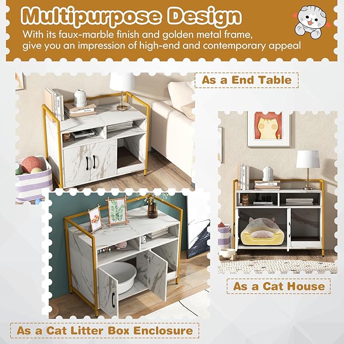 Tangkula Litter Box Enclosure, Modern Cat Litter Box Furniture with Metal Frame, Scratching Board, Storage Compartment, Hidden Cat Washroom (Marble White)