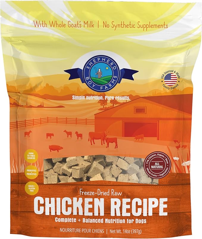 Freeze Dried Raw Dog Food, Chicken Recipe, All Natural, No Synthetics, Made in USA with Goat's Milk & Organic Produce, High Protein, Complete Meal (14oz)