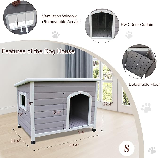 33.4" Dog Houses Outdoor Indoor, Weatherproof Dog Houses Outside with Window & Door Flap Cut Wooden Dog House, Clean & Assemble Easily-Gray