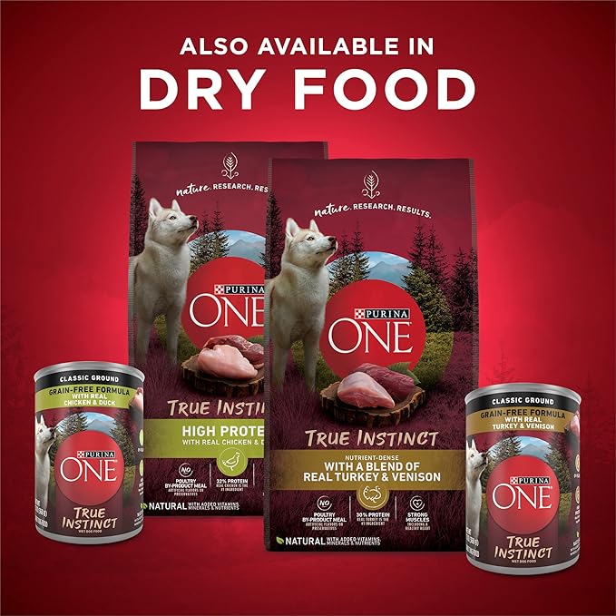 Purina ONE True Instinct Classic Ground Grain-Free Formulas With Real Turkey and Venison, and With Real Chicken and Duck High Protein Wet Dog Food Variety Pack - (Pack of 6) 13 oz. Cans