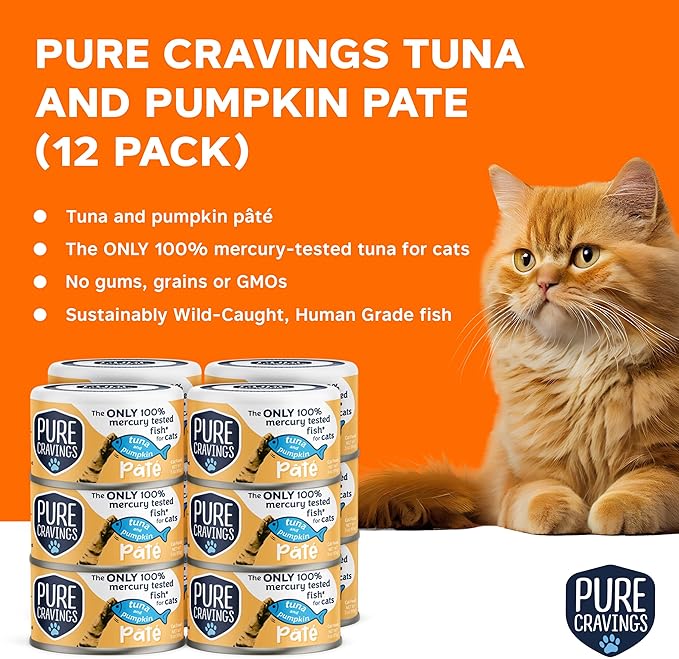 Pure Cravings Tuna and Pumpkin Pate, Canned Wet Cat Food, 100% Mercury-Tested, Moist Can Fish, Grain-Free Protein, Non-GMO, 12 Pack