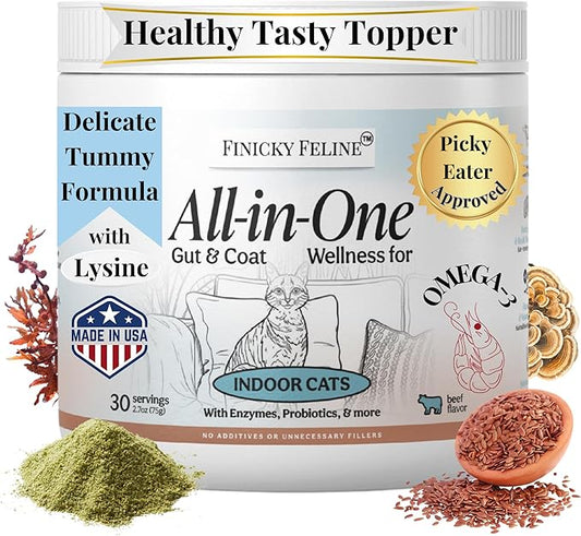 Nutritional Supplement with Multivitamins for Indoor Cats | Omega 3 Oil, Krill, Flax, Kelp | L-Lysine, Probiotics & Fiber for Digestive Support, Hairballs, Skin & Coat, Cat Dental Care Food Topper