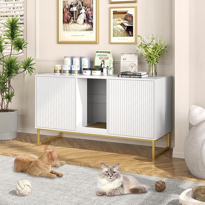 Litter Box Enclosure for 2 Cats, Fluted Hidden Cat Litter Box Furniture with Scratch Pad and Metal Legs, Modern Double Room Kitty House for Living Room, Washroom, 47.2”L x 17.7”W x 25.9”H, White