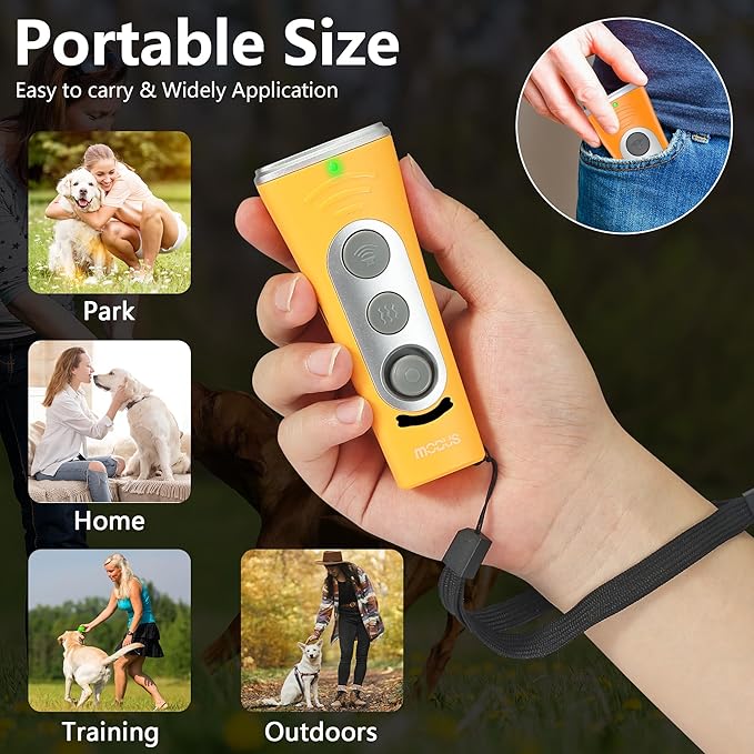 MODUS 2025New Anti Barking Device, 4X Ultrasonic Emitters Dog Bark Deterrent Device, Rechargeable Handheld Dog Barking Control Devices Dog Training&Behavior Aids with 50ft Range Indoor Outdoor(Yellow)