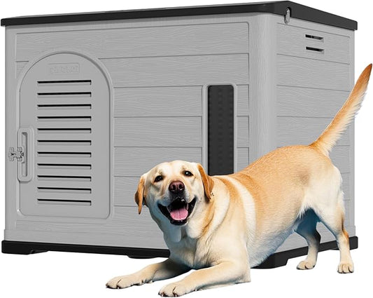 XLarge Durable Plastic Dog House for Big Dogs - Indoor Outdoor Double-Layer Insulated Doghouse with Open-Top Cover, Lockable SlidingDoor, Elevated Floor (46''L*38''W*39''H)