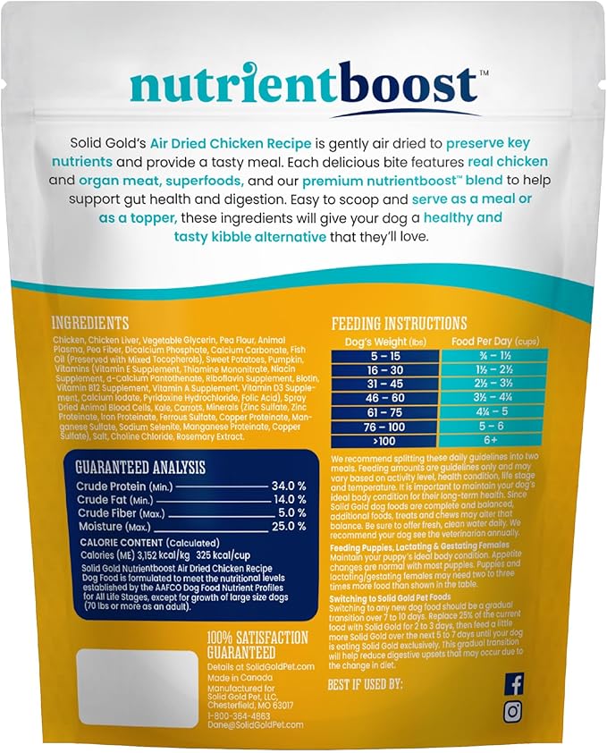 Solid Gold Air Dried Dog Food Toppers for Dry Food - Healthy Dog Treats w/Real Chicken & Superfoods - Serve as a Complete Meal, Topper or Treats - Supports Muscle Growth, Immunity & Digestion - 2lb