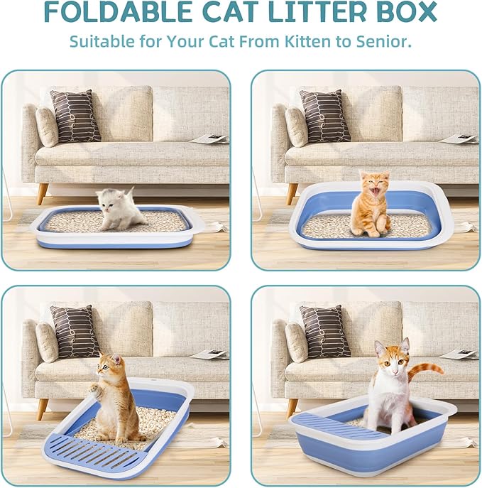 Collapsible Kitten Litter Box, ShineMe Open Top Small Cat Litter Box with Scoop and Litter Bag, Anti-Splash Waterproof Kitty Toilet Potty Pan for Sick Frail Cat 17" x 13.5", Blue