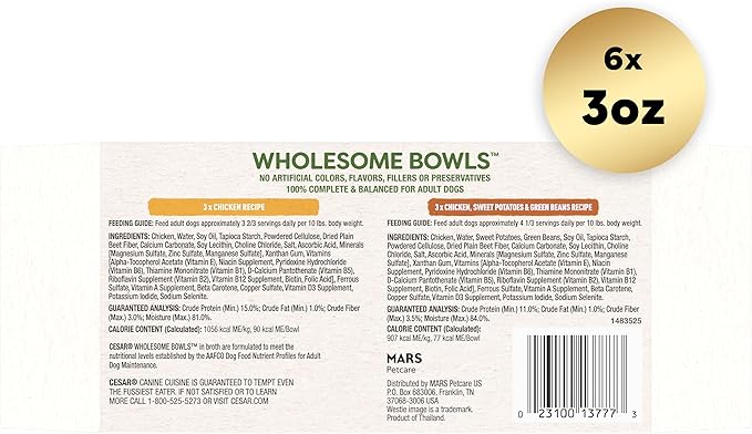 Cesar Wholesome Bowls Adult Wet Dog Food, Chicken Recipe and Chicken, Sweet Potatoes & Green Beans Recipe Variety Pack, 3 oz. (6 Count, Pack of 1)