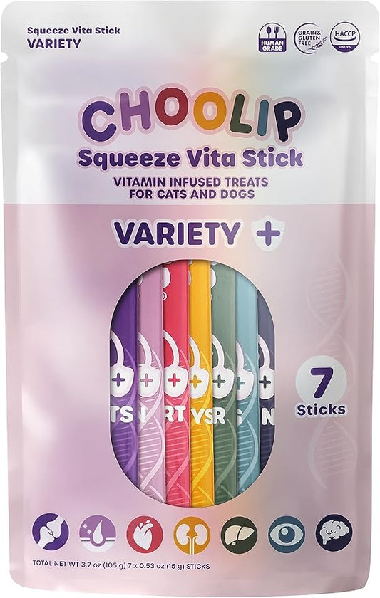Choolip Squeeze Vita Stick Lickable Cat and Dog Treats – 7-Count Variety Pack – Creamy Puree with Multivitamins for Joints, Skin, Heart, Kidney, Liver, Eyes & Brain – Grain-Free & Vet-Formulated