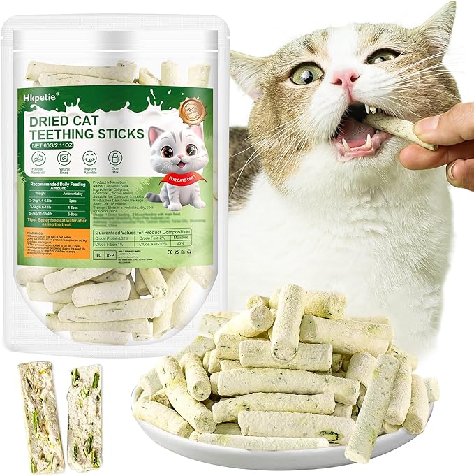60g Cat Grass Teething Sticks with Goat Milk Favor, Edible Freezed Drying Cat Grass Treats, Cat Snacks for Hairball Removal and Dental Care