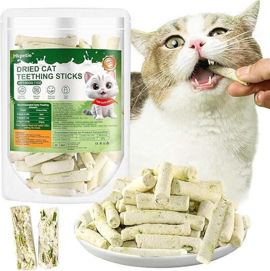 60g Cat Grass Teething Sticks with Goat Milk Favor, Edible Freezed Drying Cat Grass Treats, Cat Snacks for Hairball Removal and Dental Care