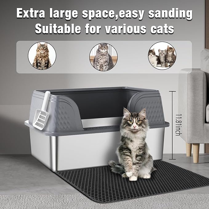 Suhaco Extra Large Stainless Steel Litter Box with Lid XXL High Sided Cat Litter Boxes Included Litter Mat & Litter Scoop Anti-Urine Leakage Metal Pet Toilet for Big Cats (Grey XXL)
