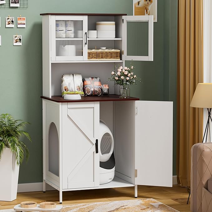 PAKASEPT Cat Litter Box Enclosure Furniture for Self-Cleaning Cat Litter Box with Shelves and Doors