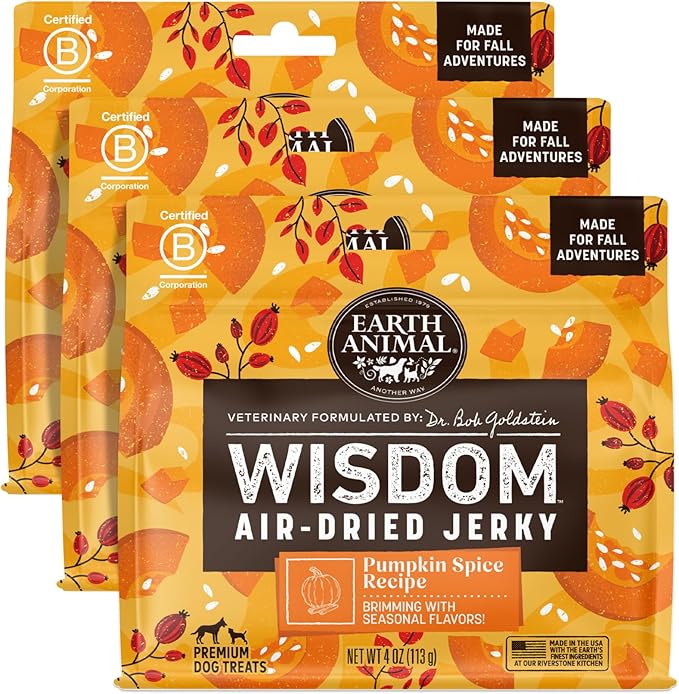 Earth Animal Wisdom Air-Dried Seasonal Pumpkin Spice Recipe Premium Natural Jerky Strips Dog Treats, 12 oz. (4 oz. x 3)
