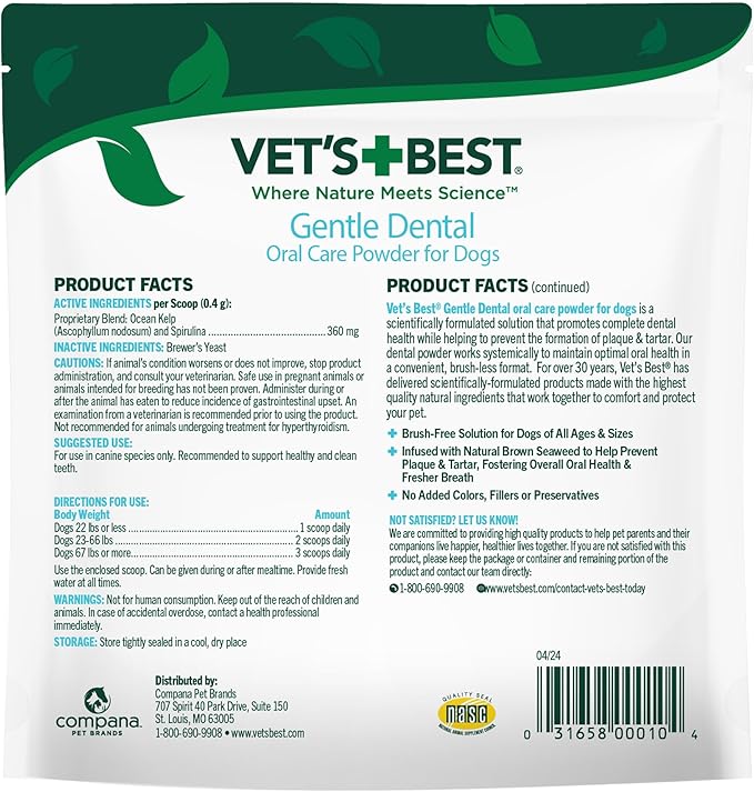 Vet’s Best Dog Teeth Cleaning Powder, Brush-Free Canine Teeth Cleaner & Breath Freshener, Plaque Remover for Teeth, Dog Dental Powder, 90 Day Supply