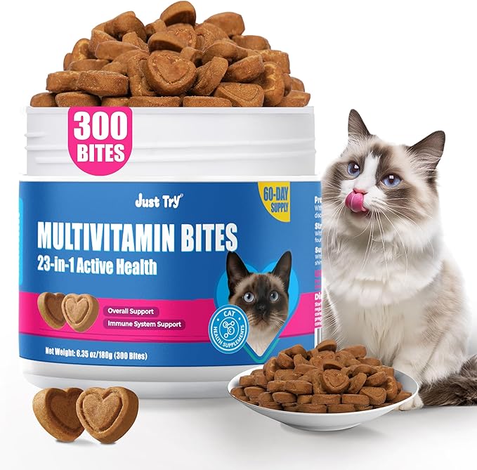 Just Try 23 in 1 Taurine for Cats Vitamins Bites - Cat Treats for Immune, Skin & Coat & Heart Health - Multivitamin, Omega 3, Biotin, Lysine for Cats - Daily Supplements 300 Bites