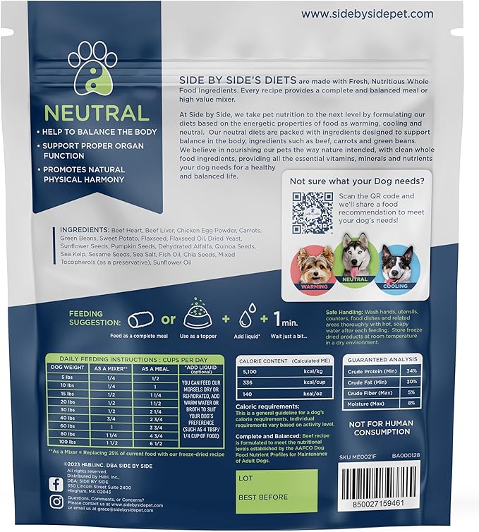 Side by Side Beef Morsels, Neutral Dog Food for All Breeds, Freeze-Dried Raw Superfood, Made of Whole Foods, Complete & Balanced Meal or Topper for Dogs, Non-GMO, No Artificial Additives, 18 oz