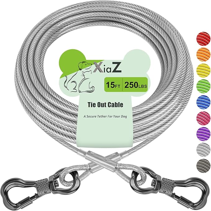 XiaZ Dog Tie Out Cable 15ft, Heavy Duty Dog Chains for Outside with Lockable Hook, Pet Runner Cable Leads for Yard, Dogs Line Tether for Small Medium Large Dogs Up to 250 LBS